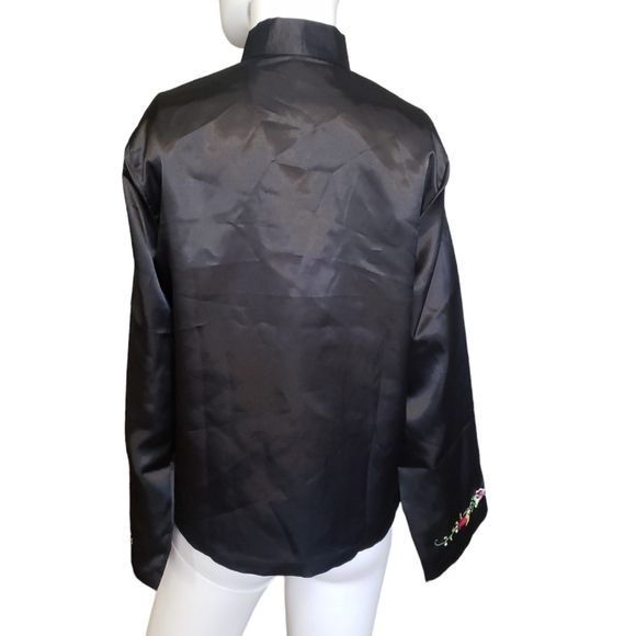 Vintage Embroidered Black Silk Satin Floral Birds Cocktail Jacket Women's Sz M - Picture 7 of 17
